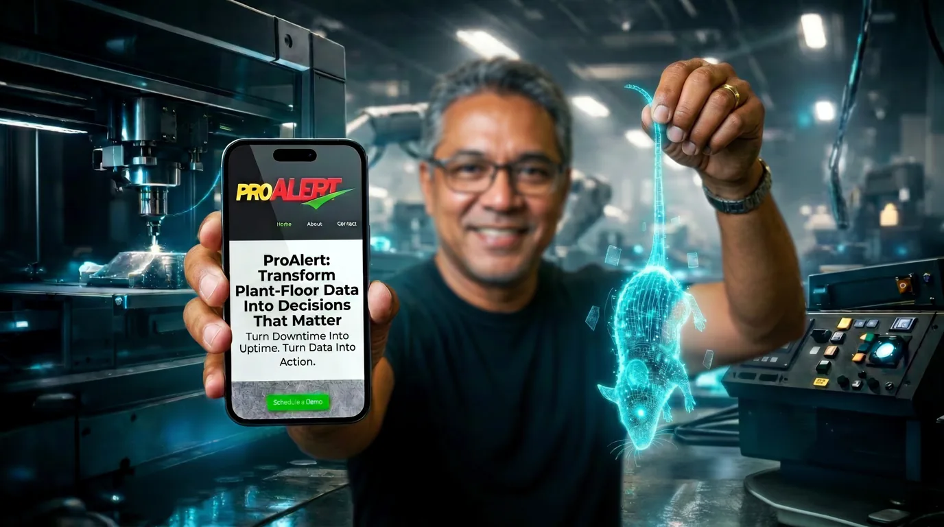 Plant engineer holding a phone running ProAlert, transforming plant-floor data into decisions that matter