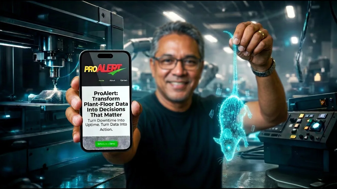 ProAlert demo video: a plant engineer holding a phone running ProAlert