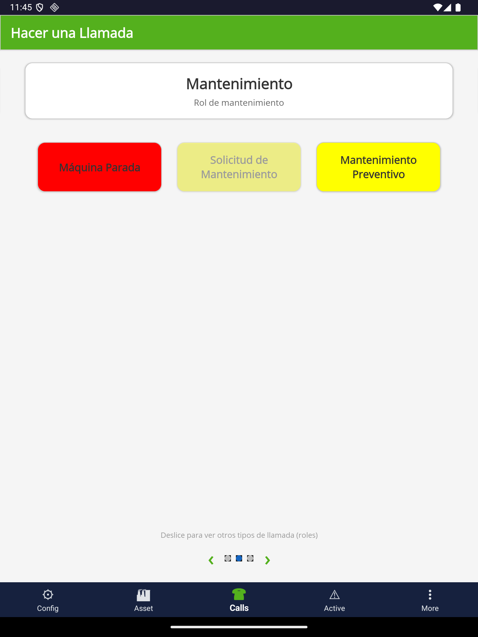The same ProAlert operator call board in Spanish, titled Hacer una Llamada, showing the Mantenimiento role page with a red Maquina Parada button, the same greyed-out Solicitud de Mantenimiento button, a yellow Mantenimiento Preventivo button and the swipe hint in Spanish