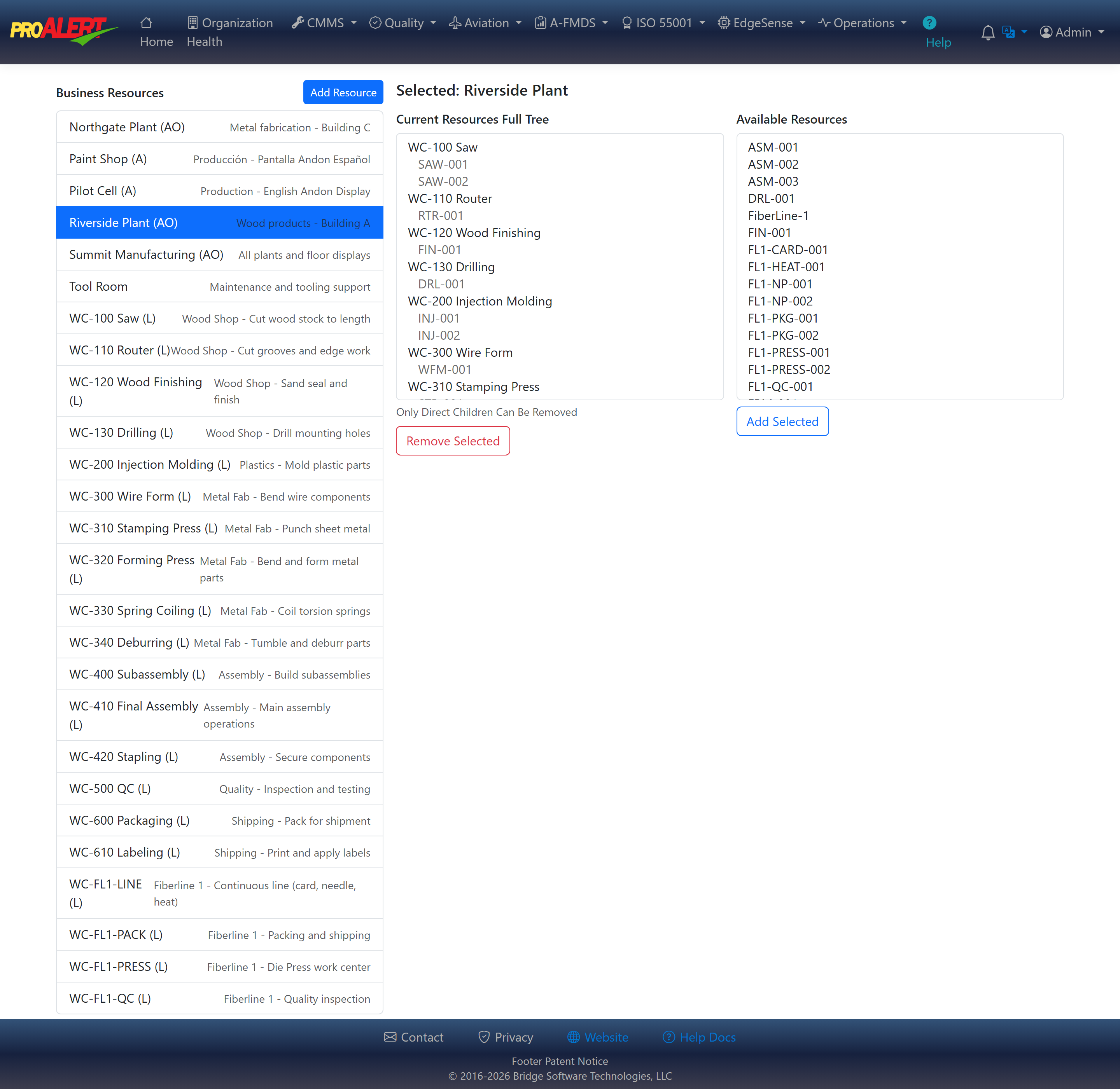 ProAlert business resource maintenance screen with Riverside Plant selected, listing the plant hierarchy from plants down to individual work centres in the left pane and the selected resource's configuration and relationships in the right