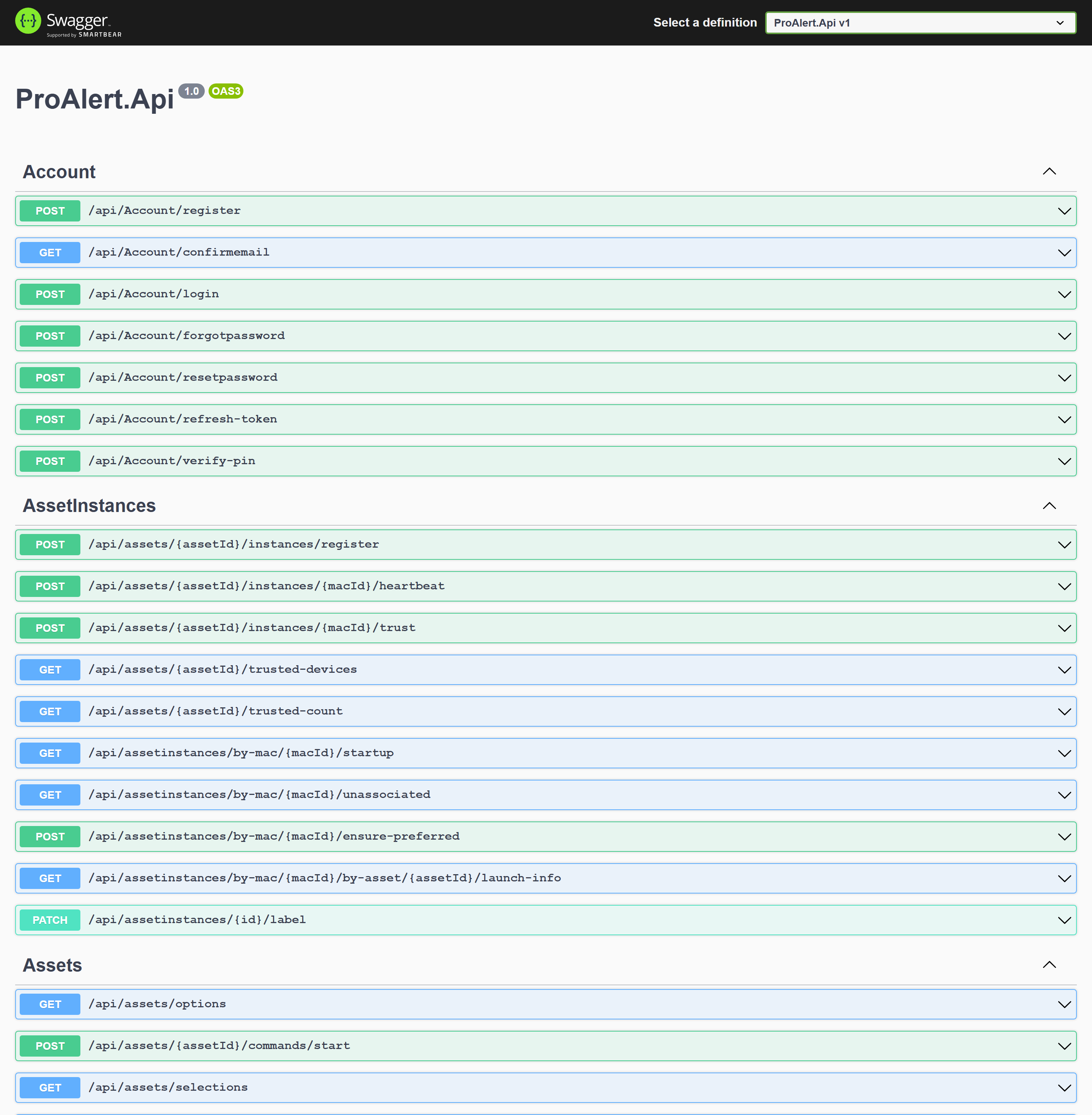 The ProAlert API's OpenAPI 3 reference, showing the Account, AssetInstances and Assets endpoint groups with their HTTP methods and route templates, including account login and PIN verification, device registration and heartbeat, and asset start commands