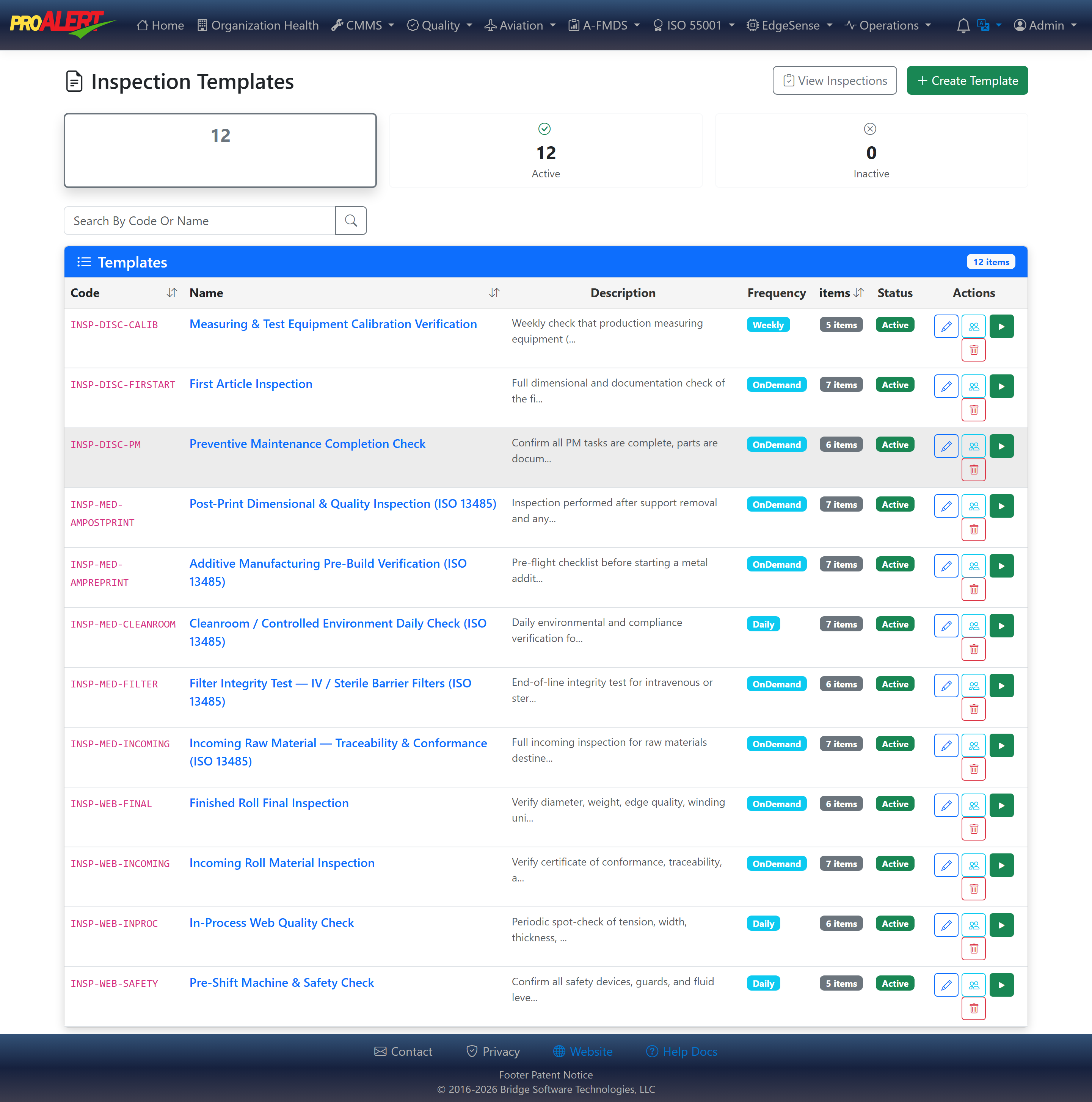 ProAlert inspection template library listing twelve active templates by code, name, frequency and number of checkpoints, covering calibration verification, first article inspection, preventive maintenance completion and pre-shift safety checks