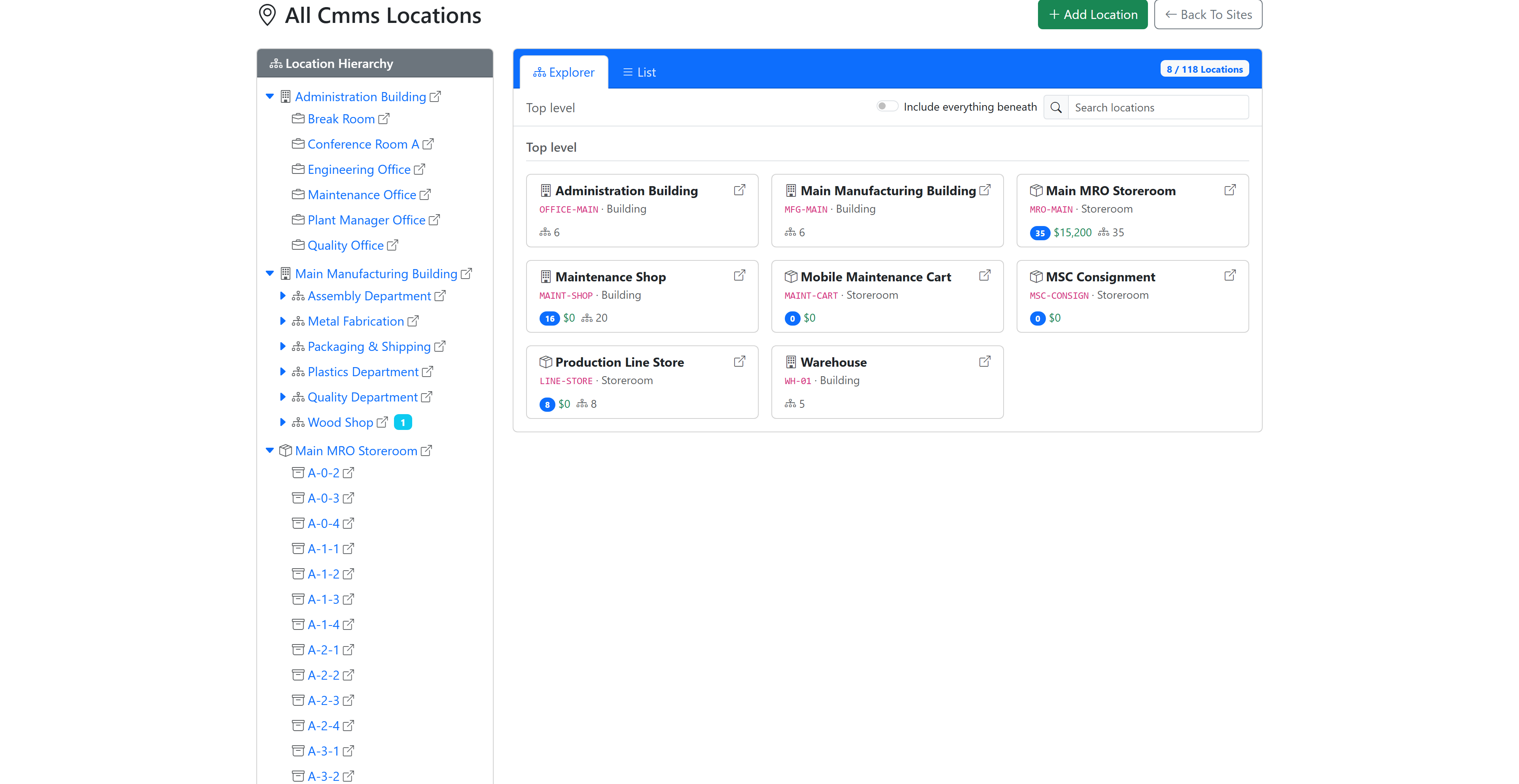 ProAlert location hierarchy showing an Administration Building, Main Manufacturing Building and Warehouse expanded into departments and bins alongside a card grid of the top level nodes, each card carrying its location code, type, child count and where stock is held its item count and value